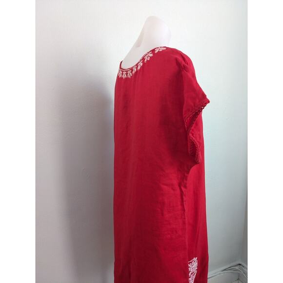 New Zara Basic Size Large Embroidered Shift Dress Red White Linen Short Sleeves - Picture 8 of 16